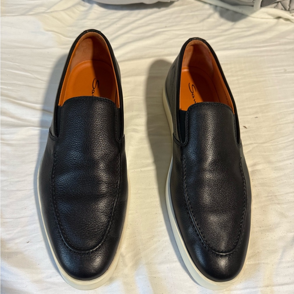 Santoni Black Leather Loafers with Cream Sole